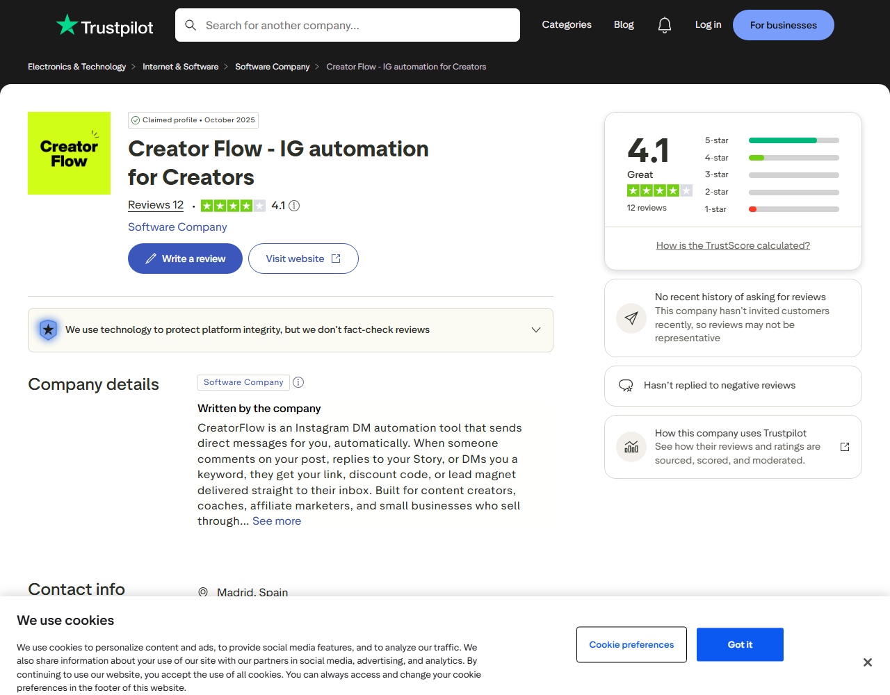 CreatorFlow rated 4.1 on Trustpilot with 12 reviews, August 2026