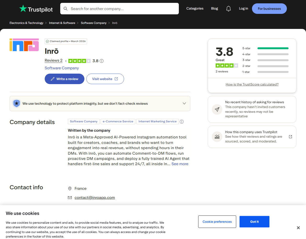 Inro rated 3.8 on Trustpilot from two reviews, August 2026