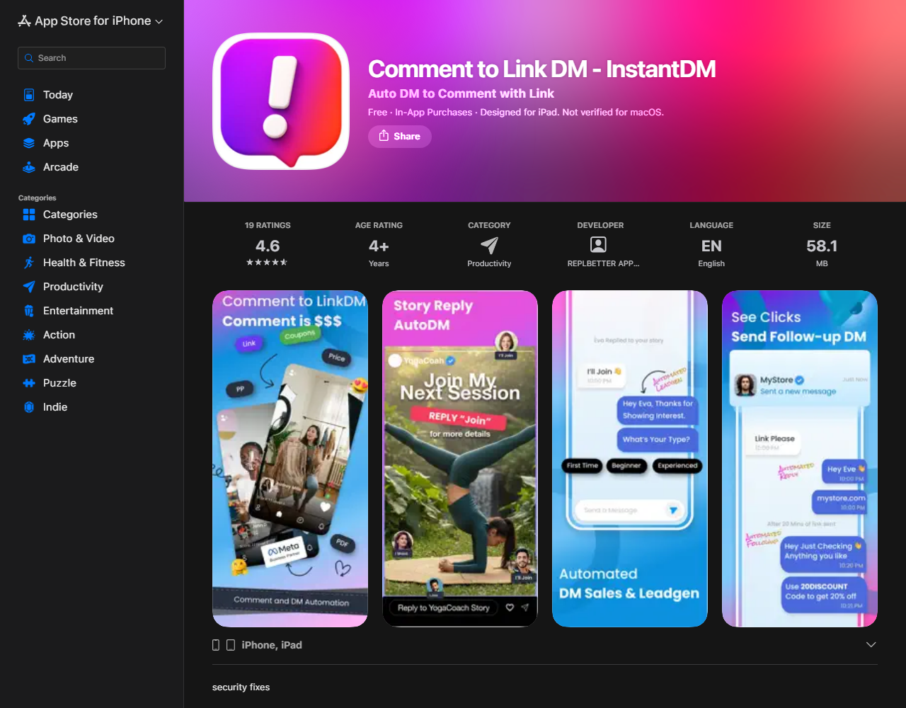 InstantDM rated 4.6 on the Apple App Store with 19 ratings, August 2026