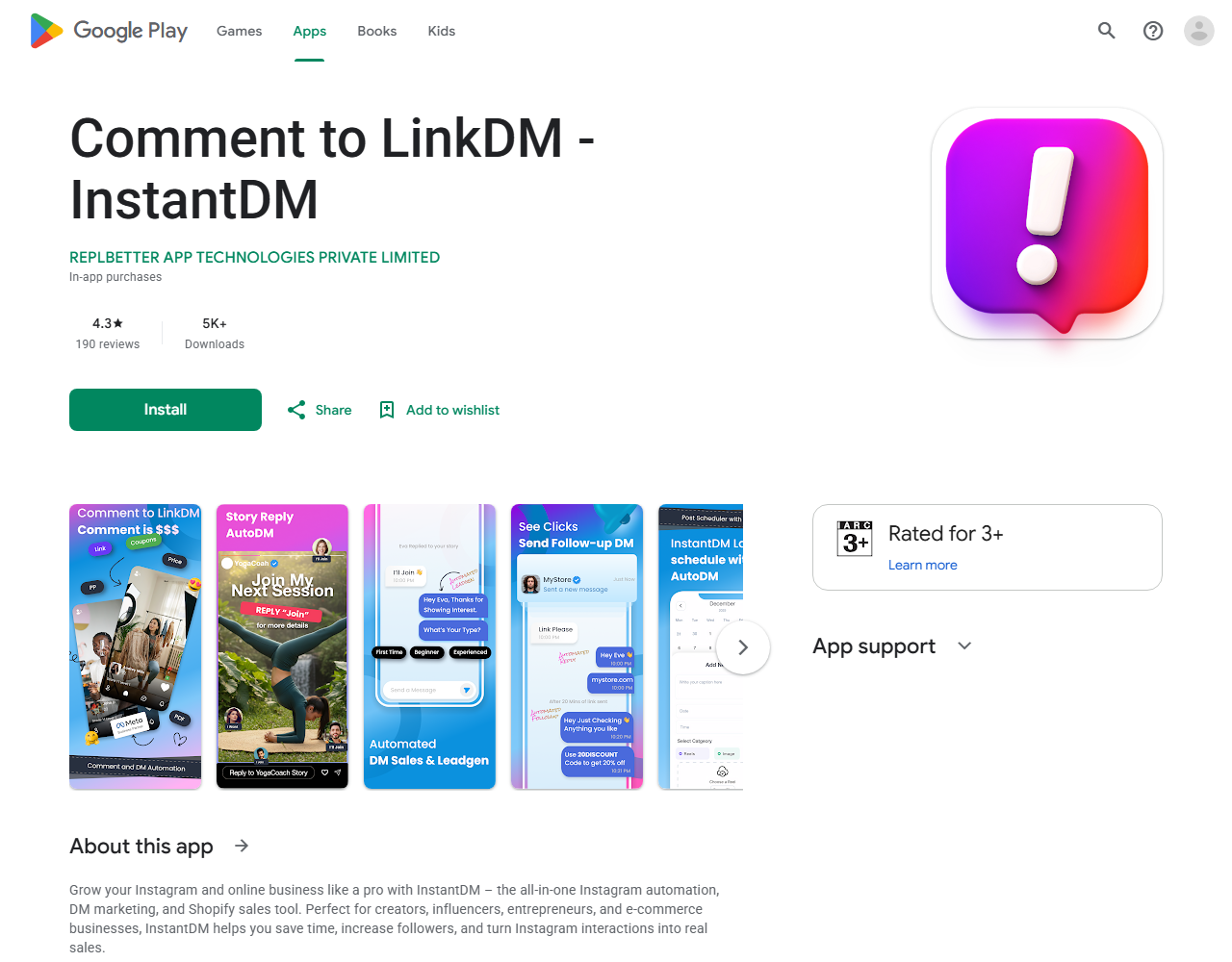 InstantDM rated 4.3 stars on Google Play with 190 reviews, August 2026