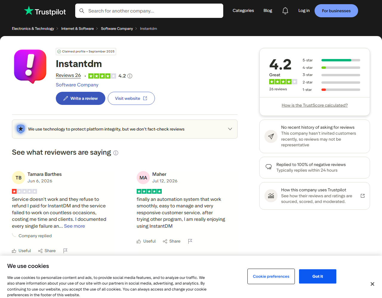 InstantDM rated 4.2 on Trustpilot with 26 reviews, August 2026