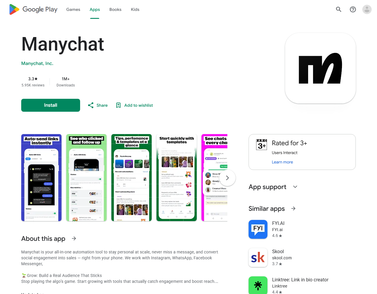 ManyChat rated 3.3 stars on Google Play with 5.95K reviews, August 2026