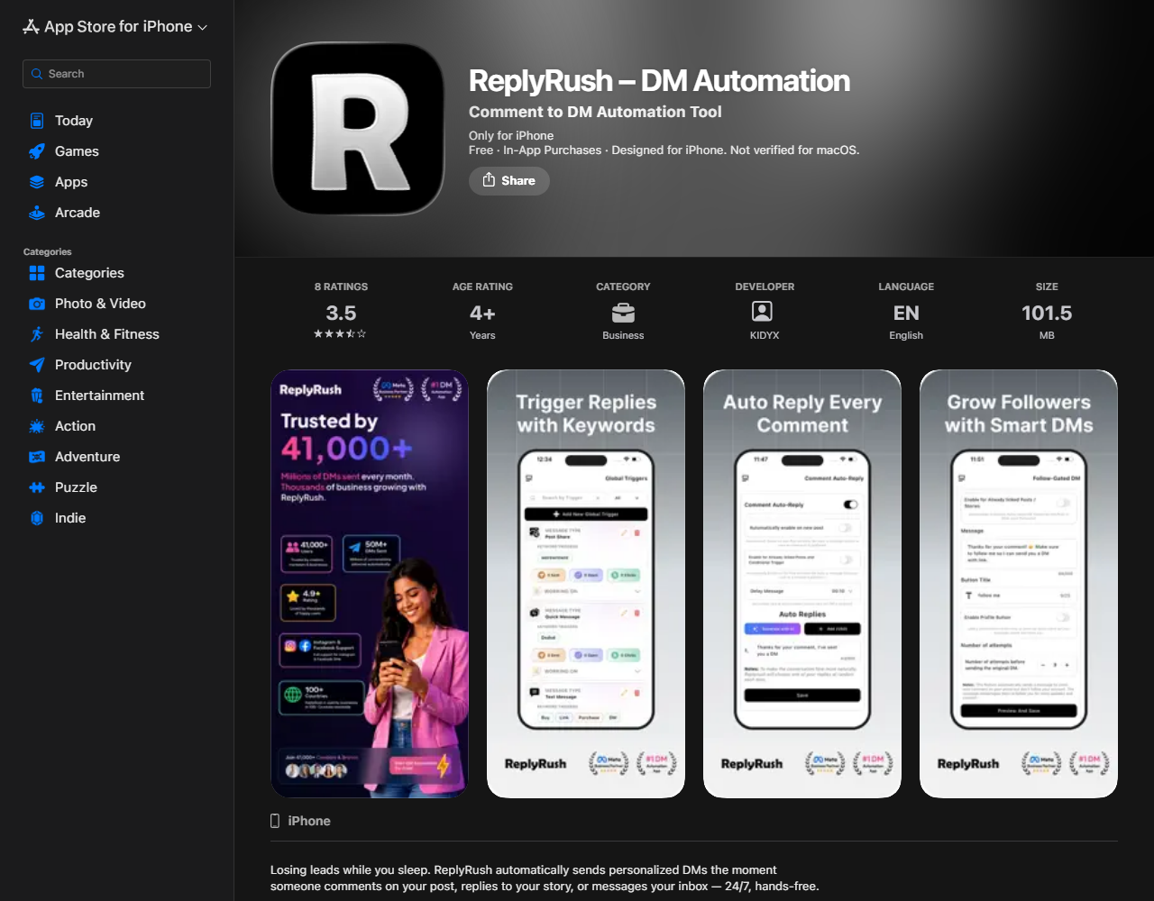 ReplyRush rated 3.5 on the Apple App Store with 8 ratings, August 2026