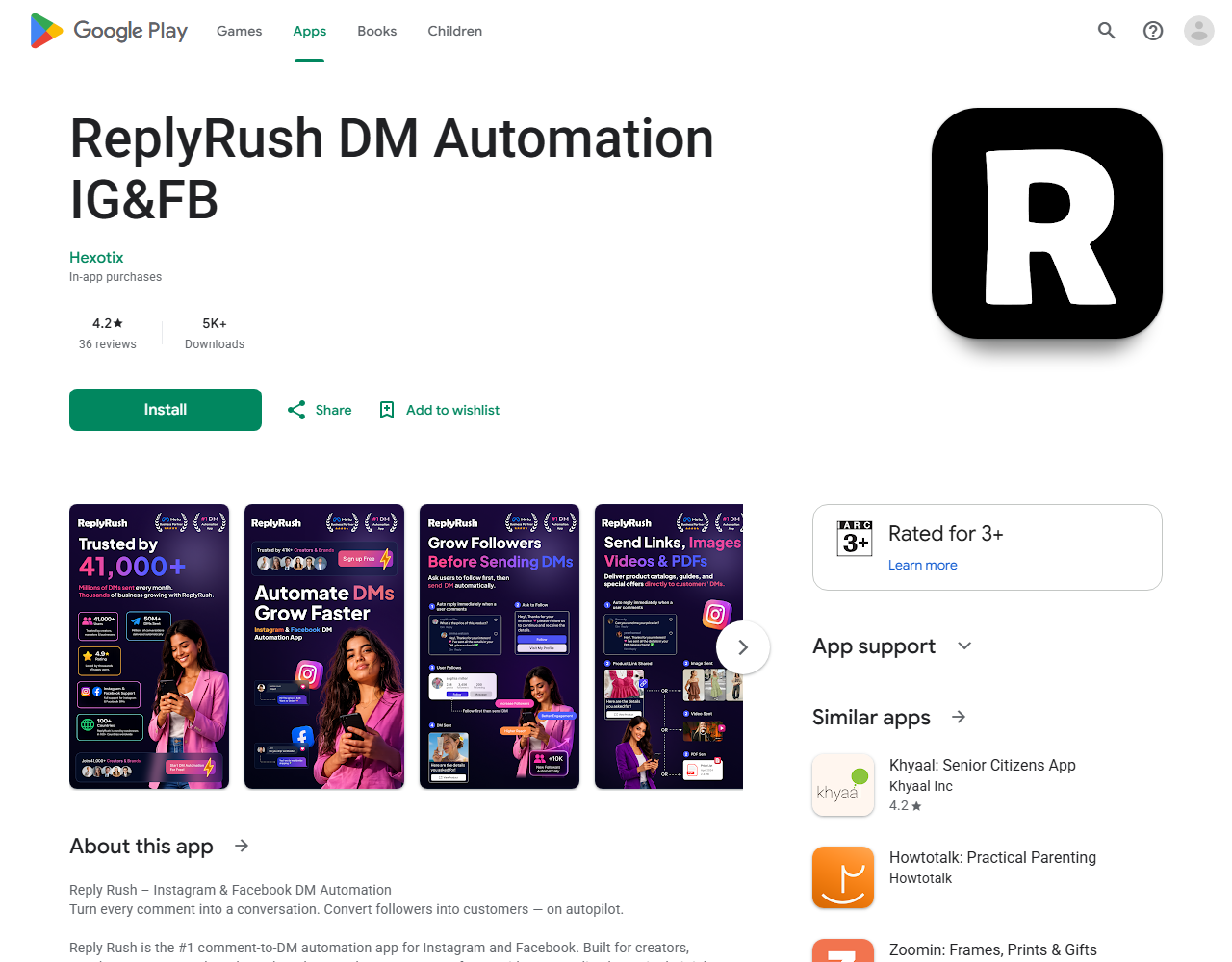 ReplyRush rated 4.2 stars on Google Play with 36 reviews, August 2026