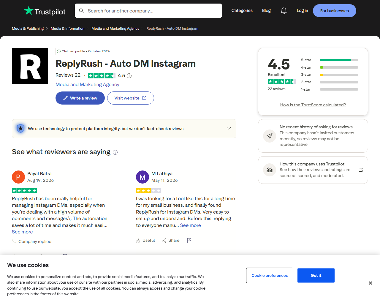 ReplyRush rated 4.5 on Trustpilot with 22 reviews, August 2026