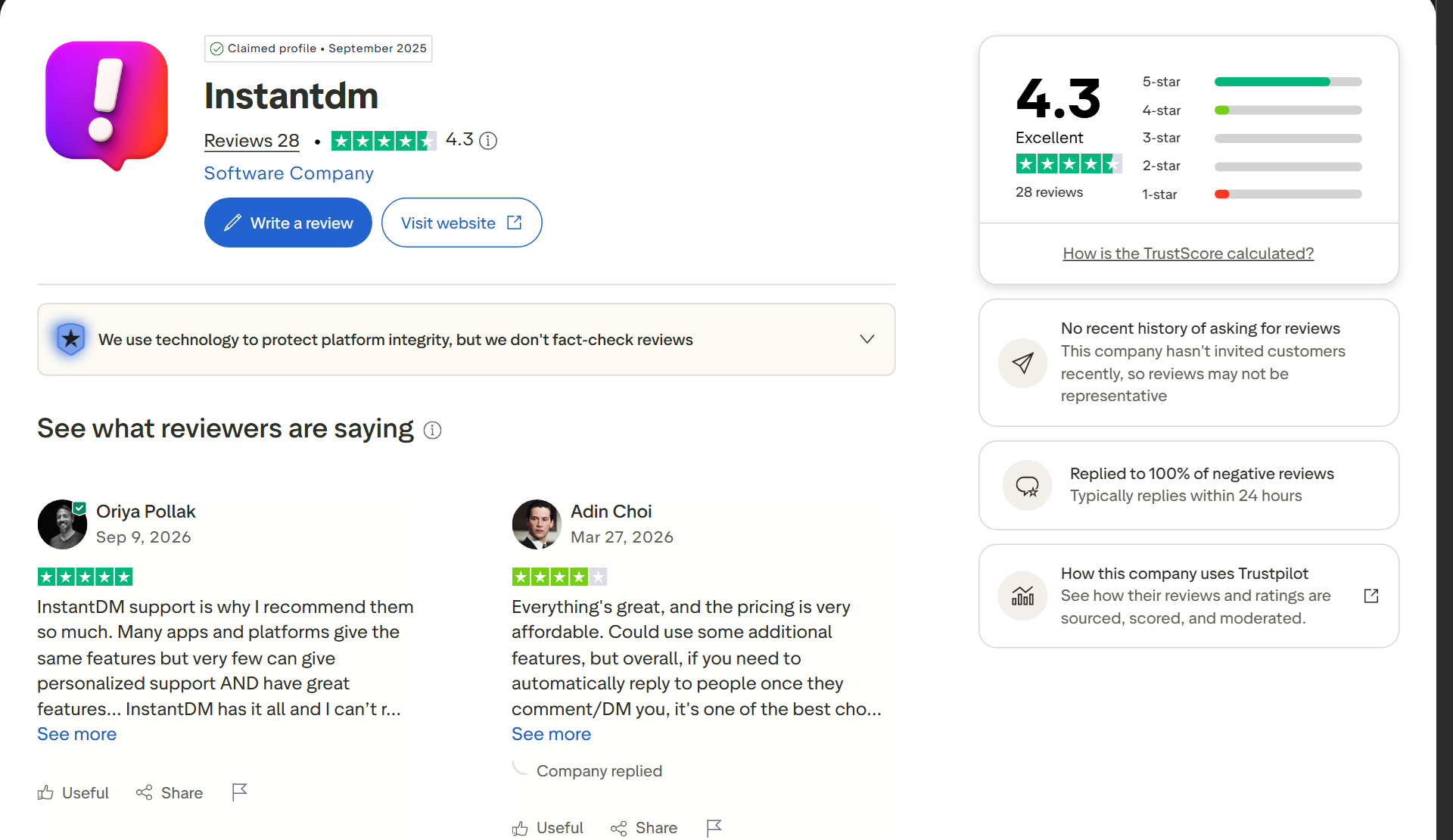 InstantDM on Trustpilot: 4.3 from 28 reviews, October 5, 2026