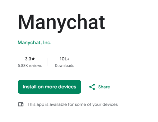 ManyChat rated 3.3 stars on Google Play with 5.88K reviews, July 2026