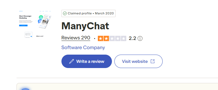ManyChat rated 2.2 on Trustpilot with 290 reviews, July 2026