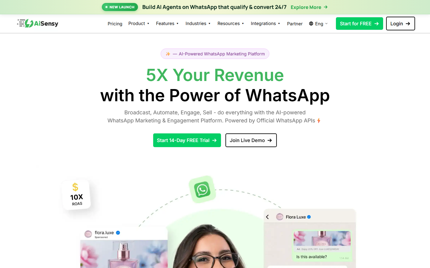 AiSensy homepage showing its WhatsApp marketing and broadcast platform — screenshot captured July 2026