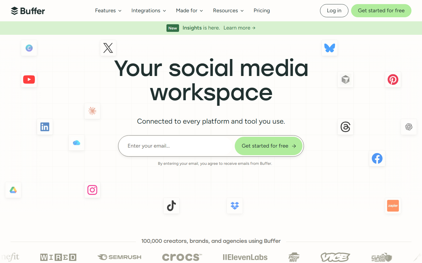Buffer homepage showing its social media workspace and supported platform icons — screenshot captured July 2026