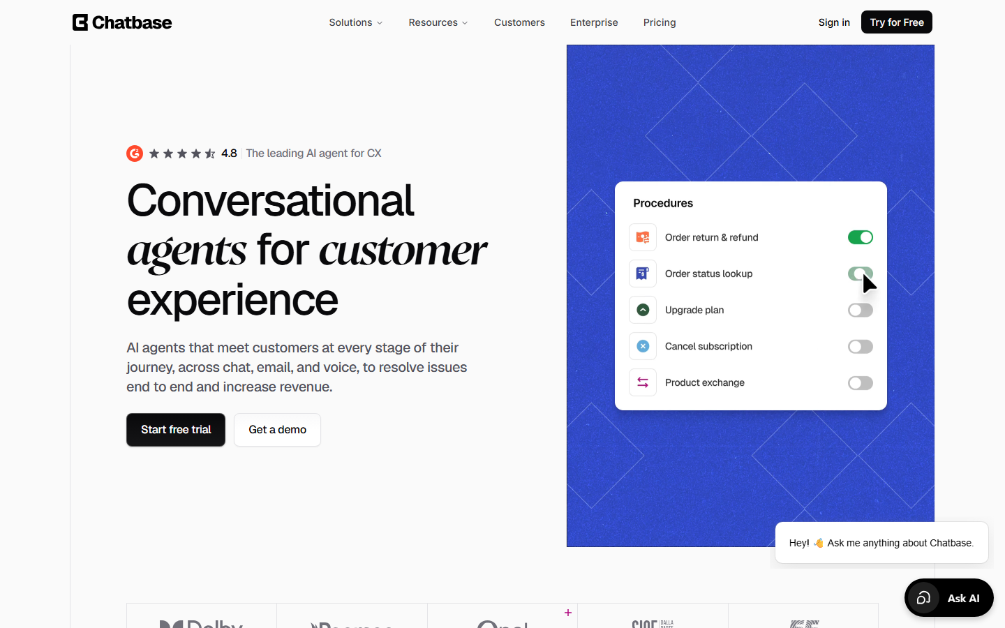 Screenshot of Chatbase's website homepage, August 2026