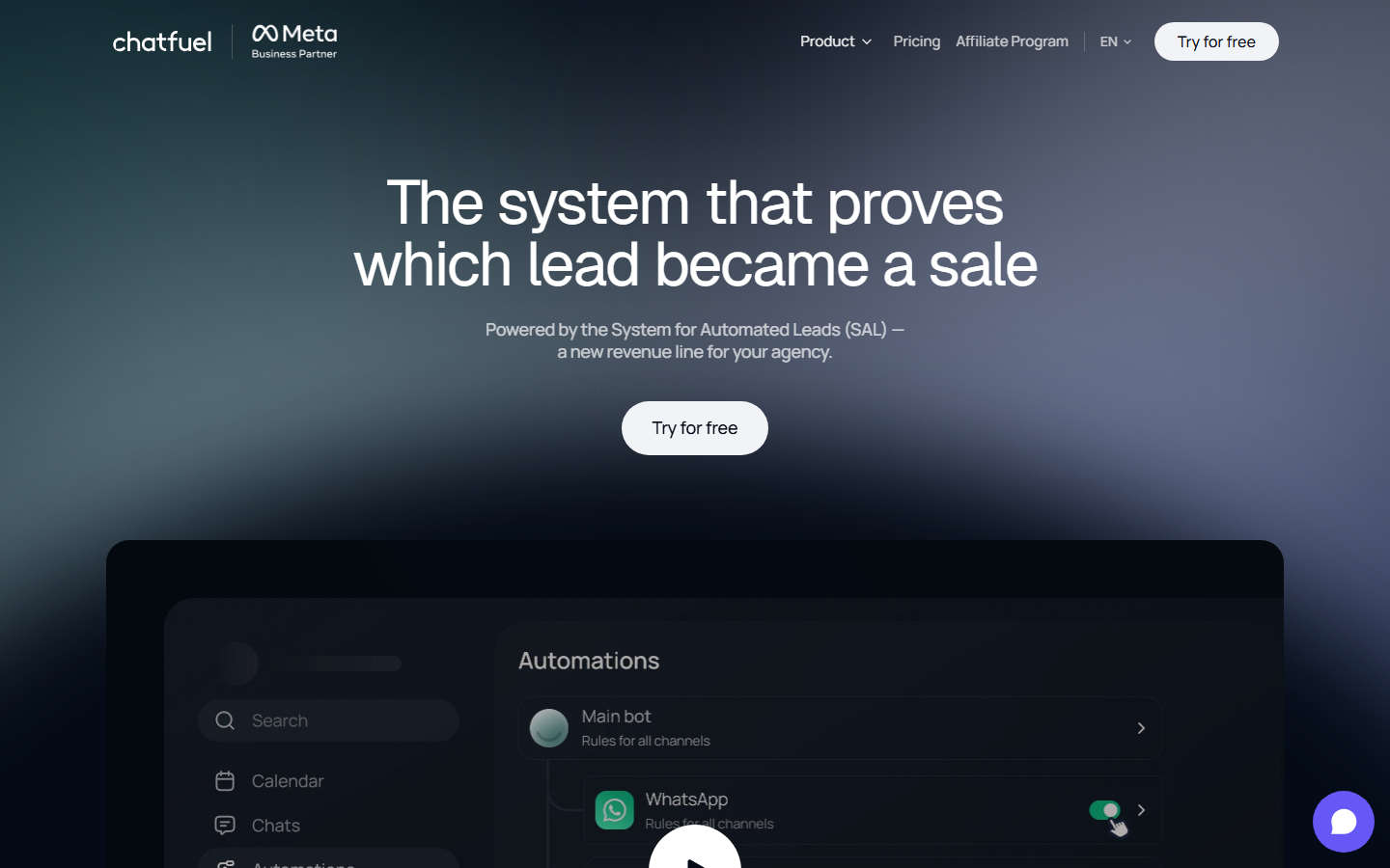Screenshot of Chatfuel's website homepage, August 2026