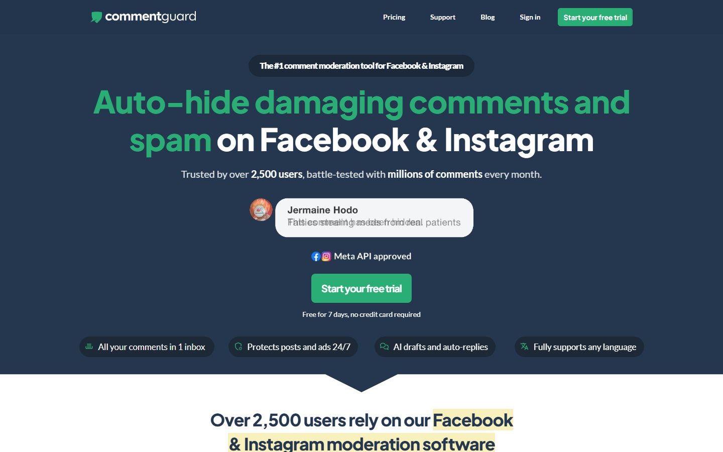 Screenshot of CommentGuard's website homepage, August 2026