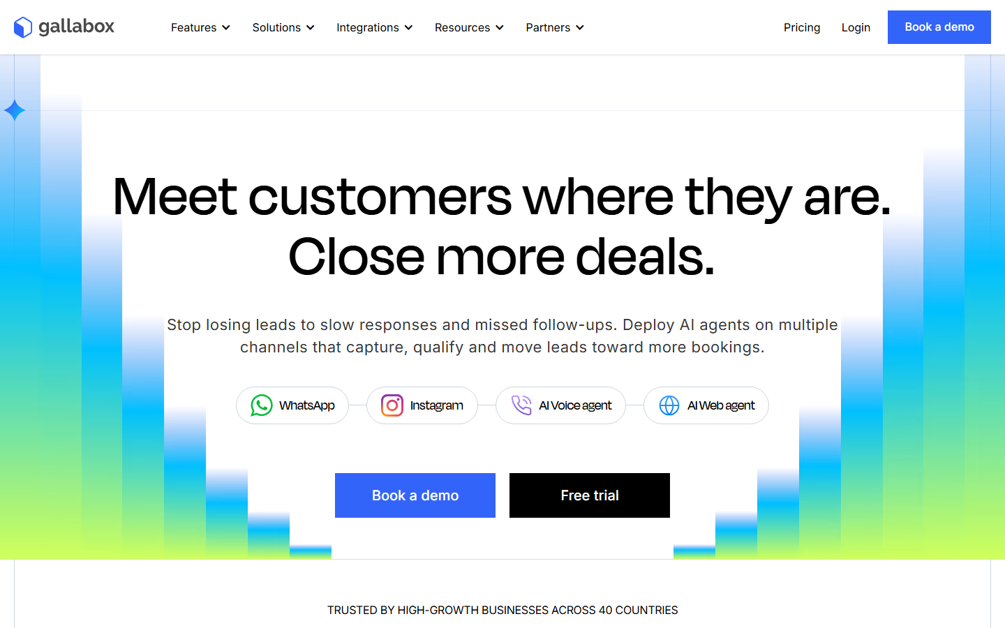 Gallabox homepage showing its WhatsApp AI agent and automation platform — screenshot captured July 2026