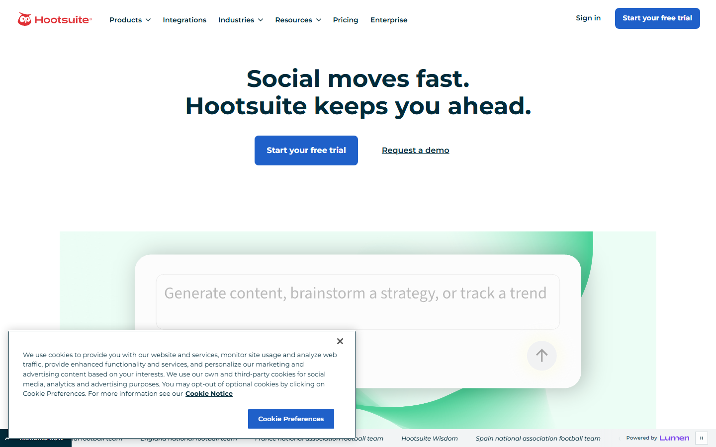 Hootsuite homepage with its AI content prompt interface and cookie notice — screenshot captured July 2026