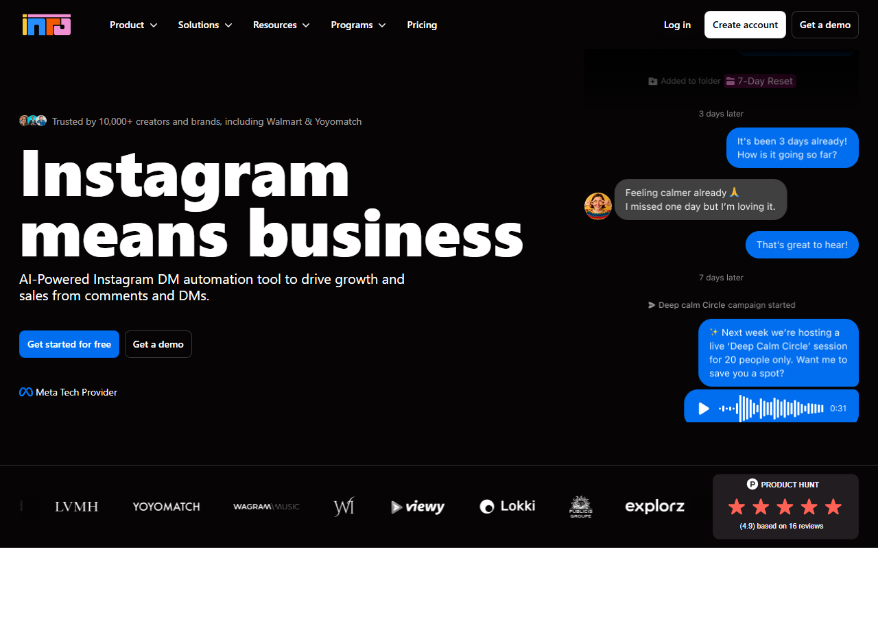 Inro website homepage showing AI-powered Instagram DM automation with enterprise brand logos