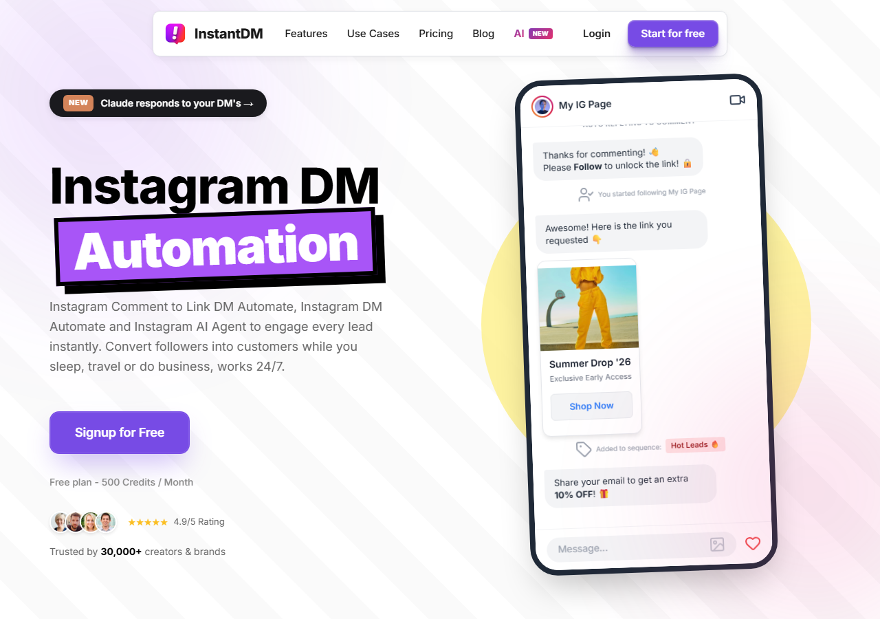 InstantDM website homepage showing Instagram DM automation with follower gate, link delivery and email capture flow