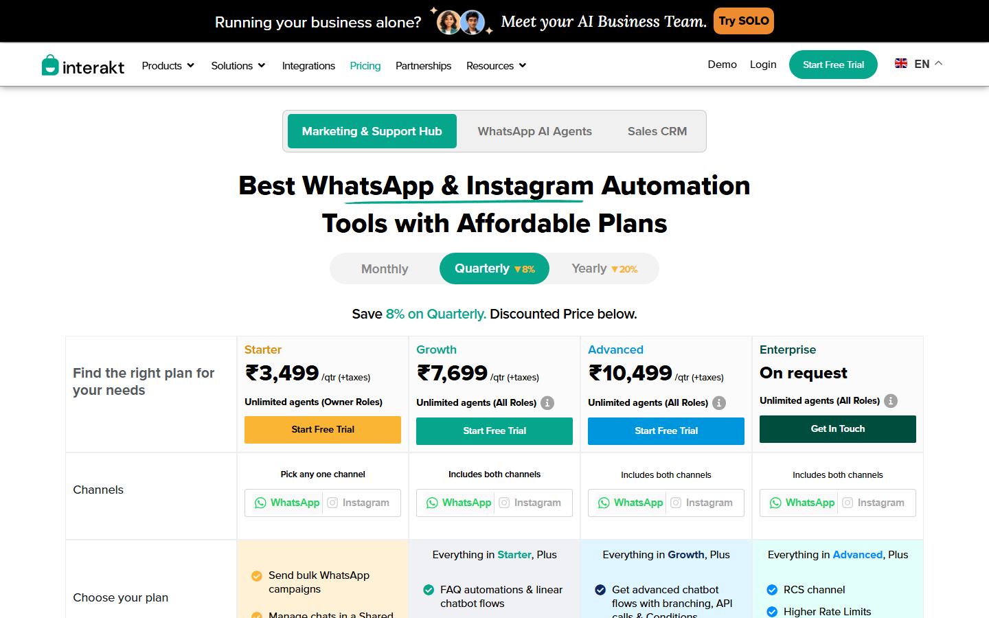 Interakt pricing page showing Starter, Growth, Advanced and Enterprise plans with WhatsApp and Instagram channel options — screenshot captured July 2026