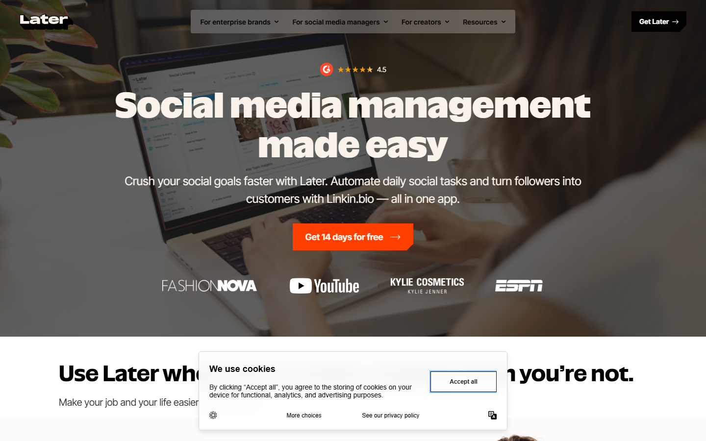 Later's social media management page showing its scheduling product and G2 4.5 rating badge — screenshot captured July 2026