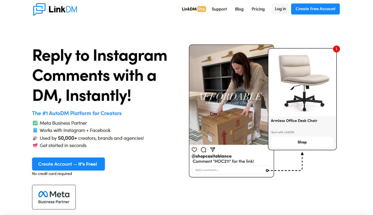 LinkDM website homepage showing comment-to-DM link delivery with Meta Business Partner badge