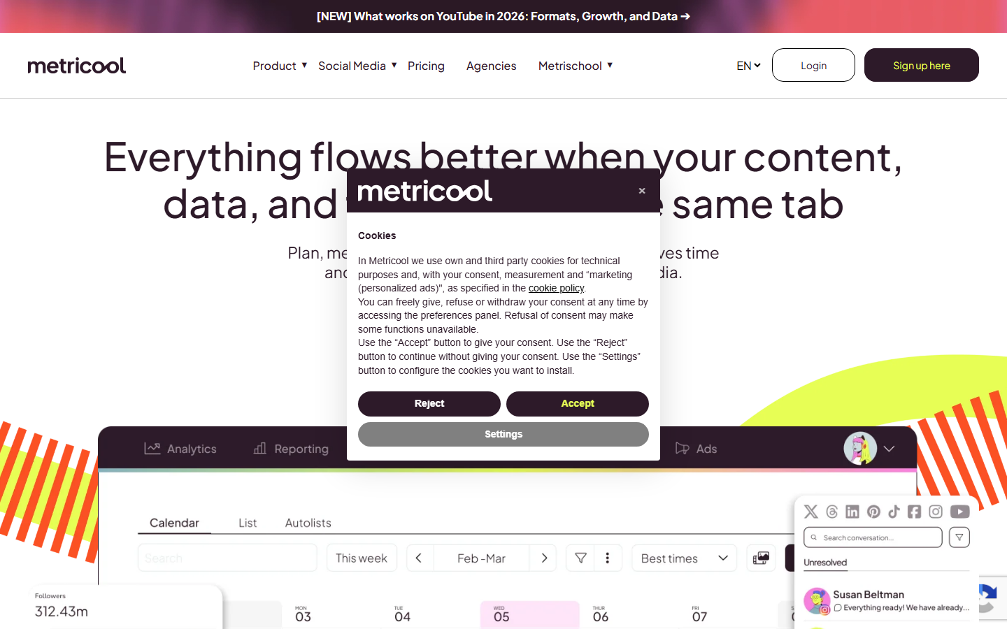 Metricool homepage showing its scheduling calendar and analytics dashboard, with its cookie consent notice — screenshot captured July 2026