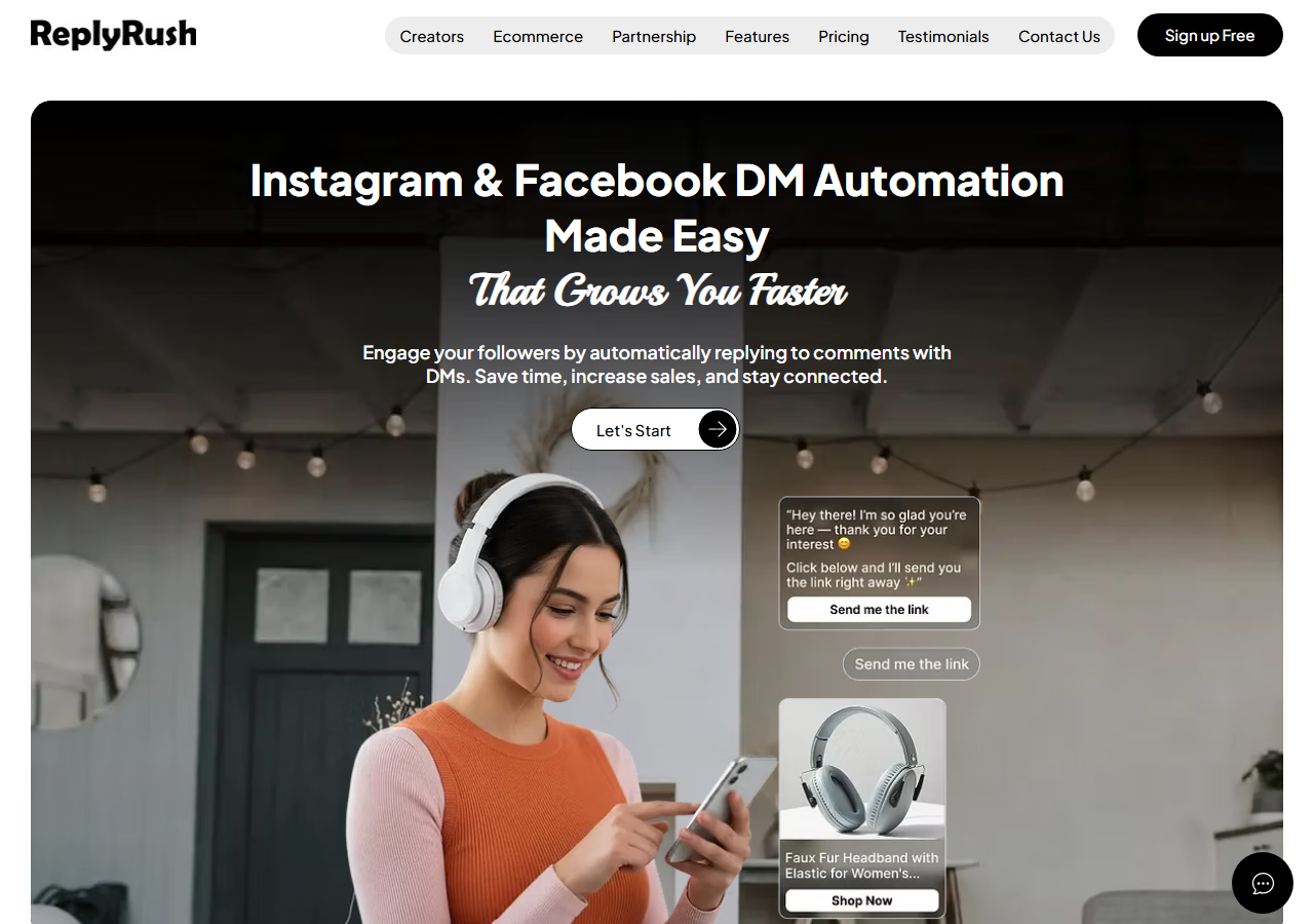 ReplyRush website homepage showing Instagram and Facebook DM automation for creators