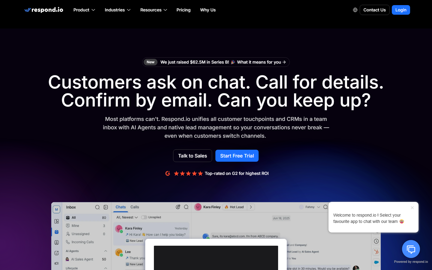 Screenshot of respond.io's website homepage, August 2026