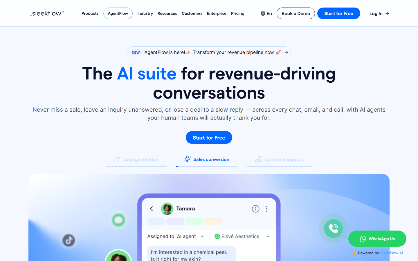 SleekFlow homepage showing its omnichannel conversation platform with WhatsApp, Instagram and more — screenshot captured July 2026