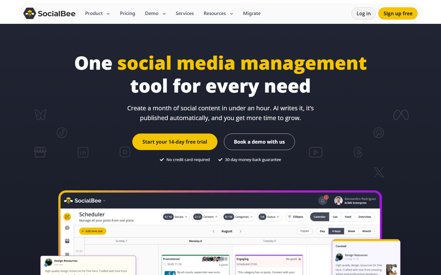 SocialBee homepage showing its scheduler with content categories — screenshot captured July 2026