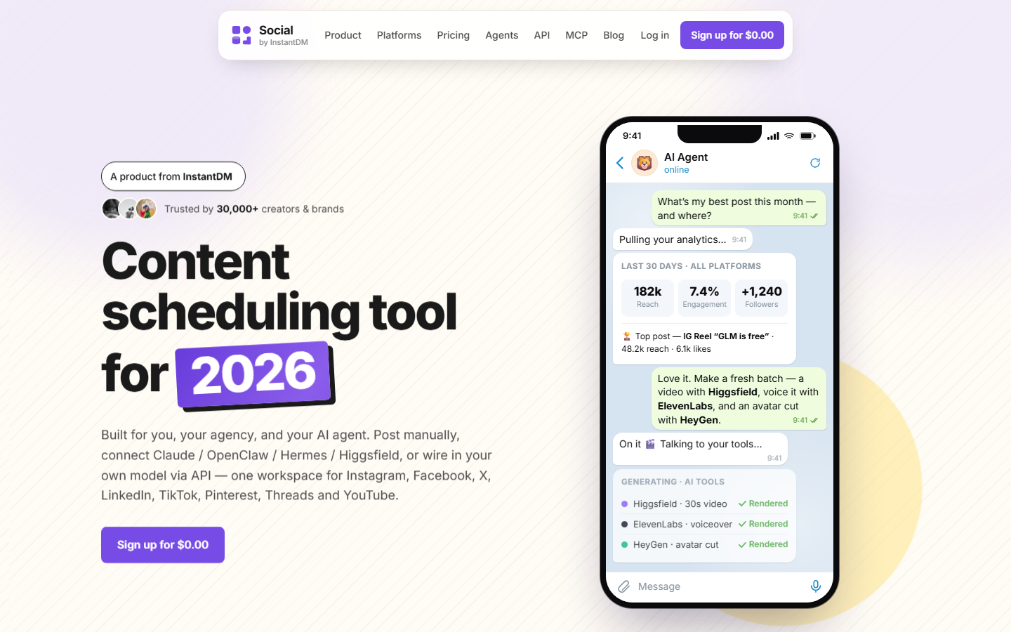 Social by IDM homepage showing its 2026 scheduling tool built for humans and AI agents — screenshot captured July 2026