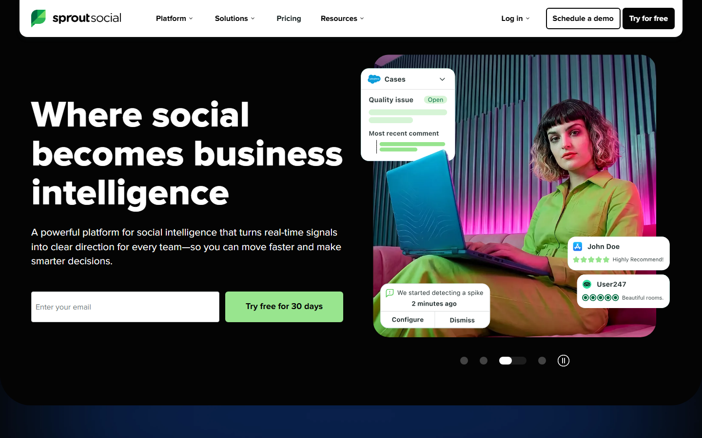 Sprout Social homepage describing its social intelligence platform — screenshot captured July 2026