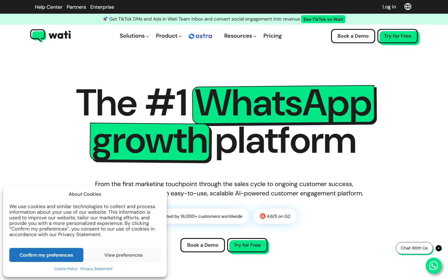 WATI homepage showing its WhatsApp Business API automation platform — screenshot captured July 2026